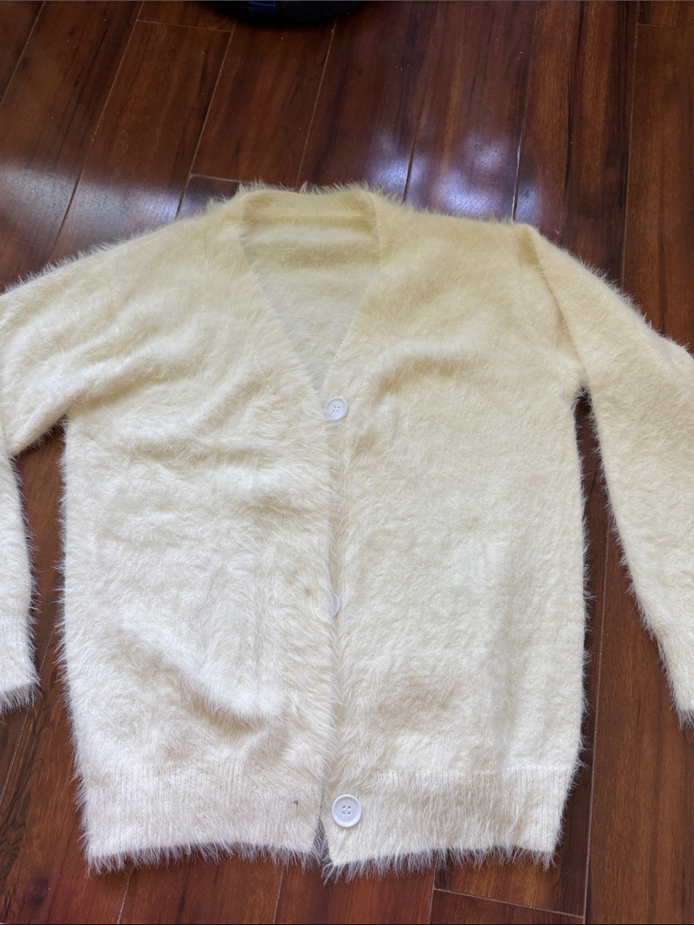 Soft Cream Fuzzy V-Neck Button Cardigan worn 1x medium